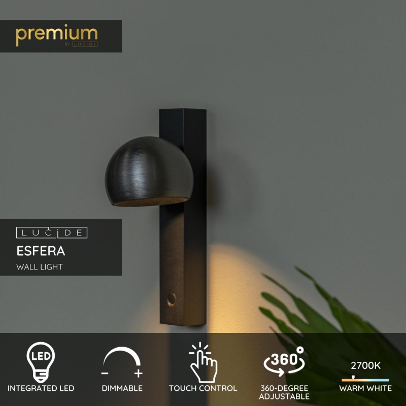 Lucide ESFERA - Nástenné svietidlo - LED Dim. - 1x9W 2700K - Šedá liatina